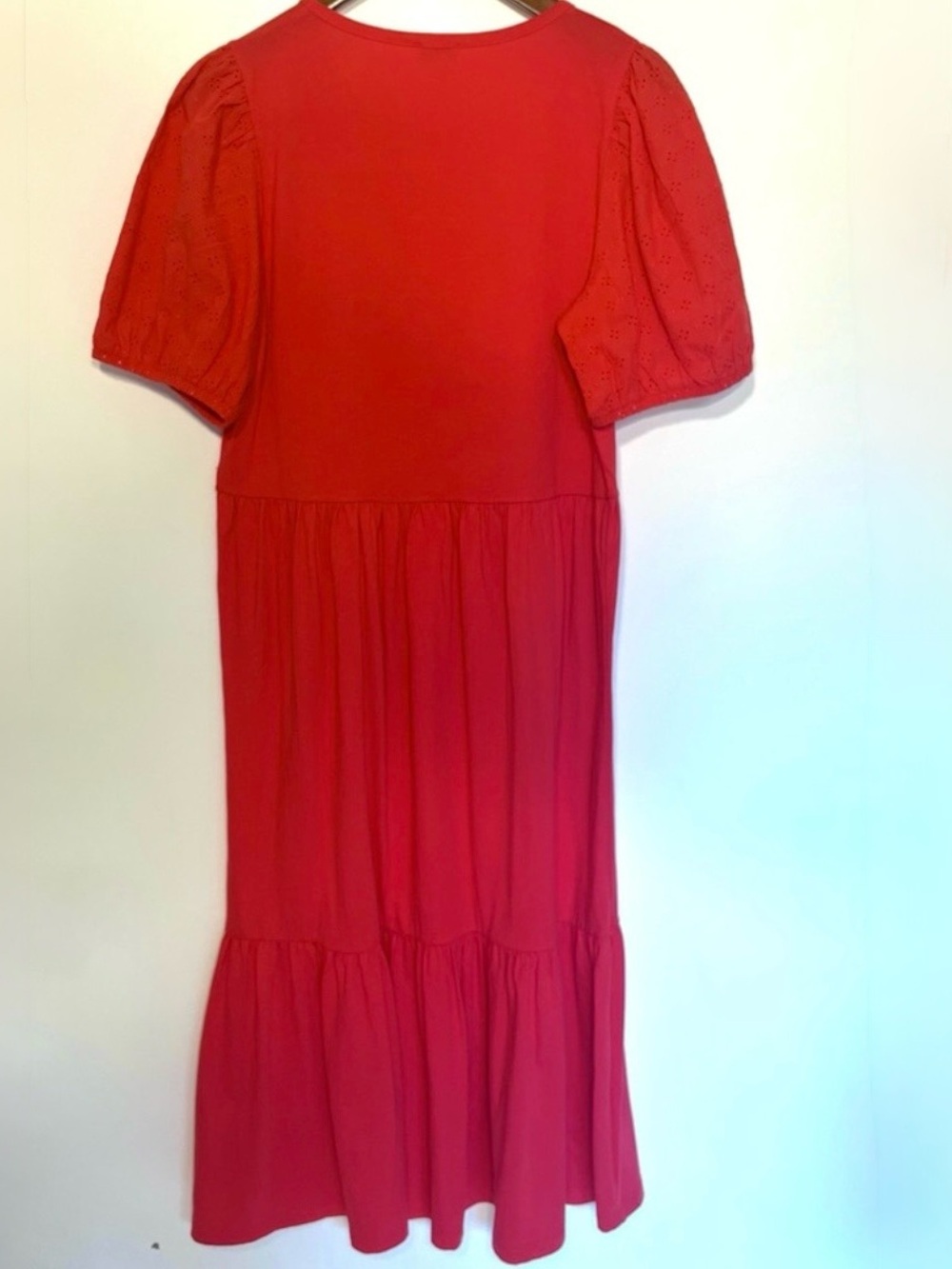 J. Crew “Fit and Flare” Bright Coral-Red Midi Dress with Puff Sleeves | Medium - Picture 6 of 7